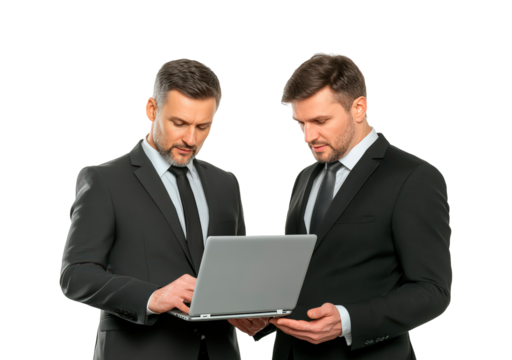 Two business people collaborating on a laptop isolated on transparent background