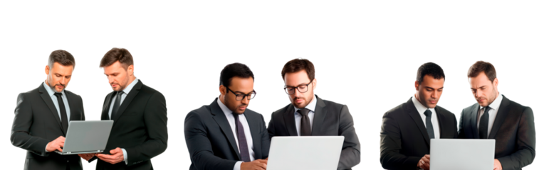 Two men in business suits reviewing a laptop together, concept of teamwork isolated on transparent background