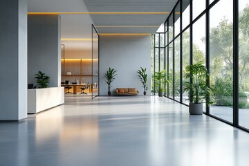 Fototapeta premium Modern, minimalist office lobby with expansive windows.