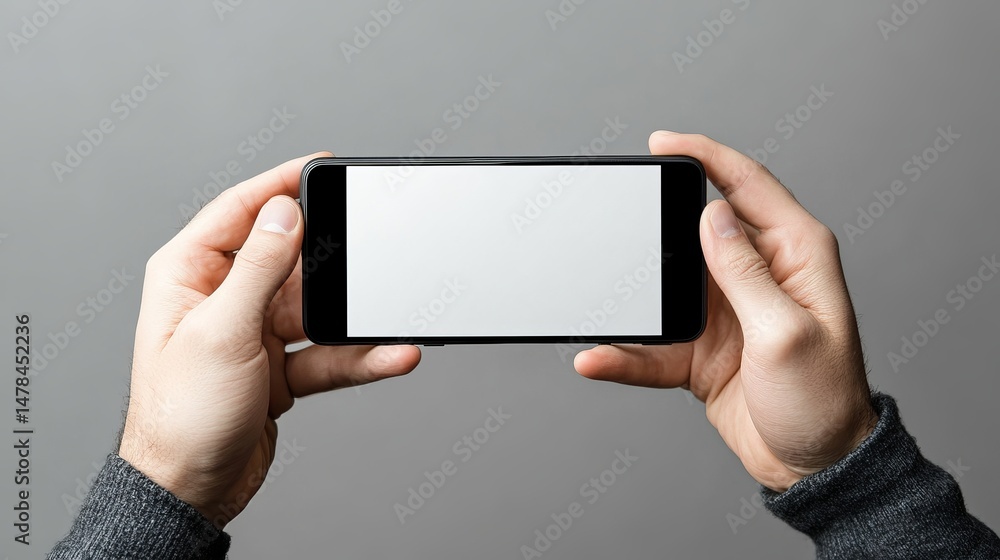 Aufkleber hands holding smartphone blank screen modern device technology mockup horizontal display white backg