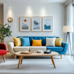 scandinavian interior design of modern living room  vibrant colorful  furniture