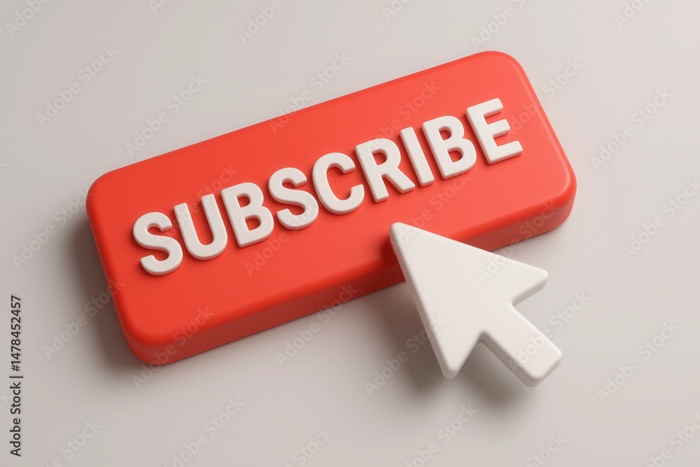 Poster white mouse cursor clicking on red subscribe button on white background