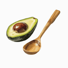 Half an Avocado with Wooden Spoon - Healthy Fats and Cooking Concept
