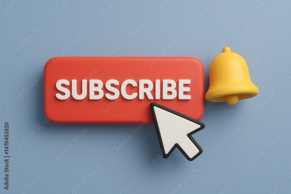 Poster mouse cursor clicking subscribe button and notification bell on blue background