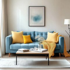 Blue sofa with yellow pillows  Scandinavian home interior design of modern living room