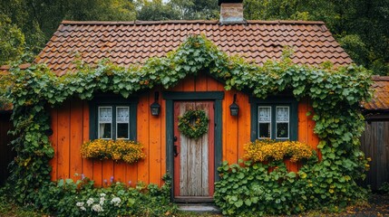 Charming autumnal cottage facade with vibrant orange wood siding, a rustic wooden door, and a vine-covered roof.  Ornate floral displays