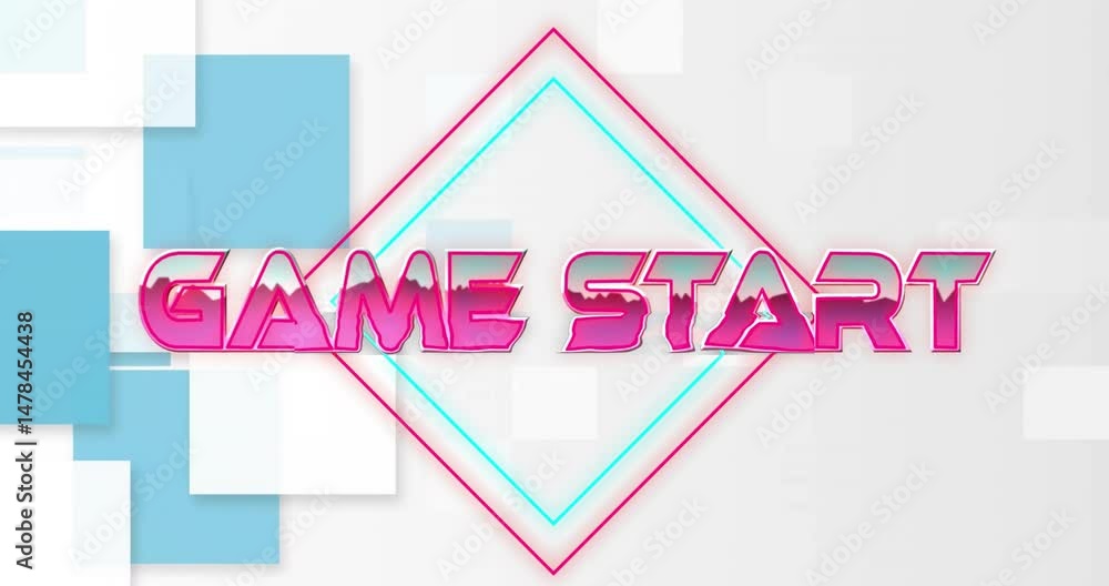 Poster glitching game start text floating over neon diamond shapes, highlighting translucent square grid