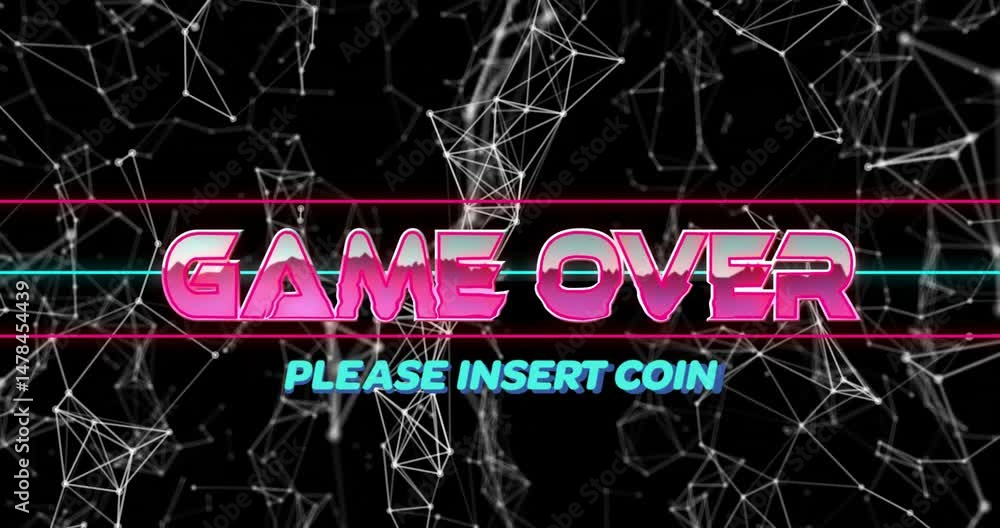 Poster neon pink game over text glowing center displaying cyan please insert coin with magenta cyan lines