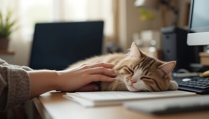 Fototapeta premium A tabby cat with orange and white fur is sleeping peacefully on a stack of papers on a desk, being gently petted by a person's hand.