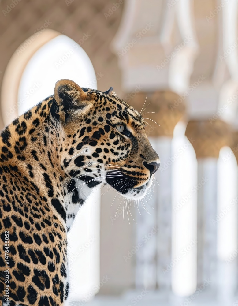 Poster majestic leopard portrait in a serene architectural setting showcasing detailed fur patterns and int