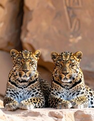 Naklejka premium Two Majestic Leopards Resting Together on a Sunlit Rock Formation in Their Natural Habitat Under a Clear Blue Sky