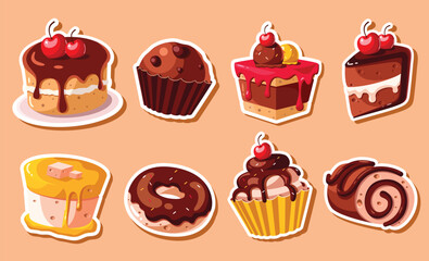 Birthday cupcake stickers clipart set. Cake drawing icon clip art collection for holiday party printable sticker with chocolate and vanilla flavor vector illustration.
