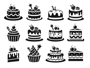 Birthday cake silhouette clipart set. Black cupcake drawing icon outline clip art collection for birthday, anniversary and wedding party delicious dessert vector illustration.
