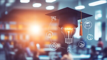 Smart education symbol, graduation cap with glowing light bulb and technology icons around it in a blurred classroom generative ai