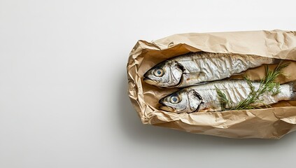 Photo of a paper bag filled with fresh vegetables and fish on a white background, in a flat lay style. Web banner with copy space on the right side for text or a logo. On a white background.