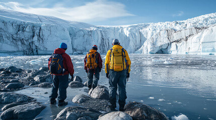 Three explorers in cold-weather gear walk over rocky terrain toward a massive icy glacier, surrounded by floating ice and frigid water.