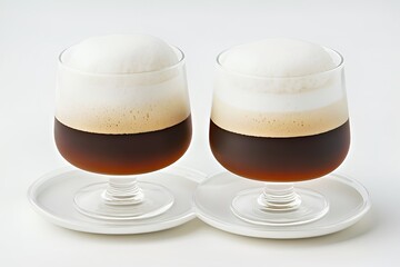 Two elegant glasses of dark coffee topped with creamy froth.