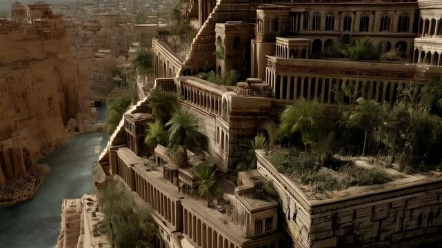 Ancient ziggurat with tiered levels, stepped walls and lush vegetation, pyramid in background and city view, evoking historical fantasy and architectural grandeur