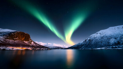 Naklejka premium Spectacular Aurora Borealis Over Snowy Fjord Landscape