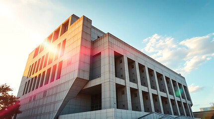 A monumental brutalist government building from the late 1970s, designed with massive cantilevered concrete volumes and sculptural voids, rising against a clear sky. created by generative ai