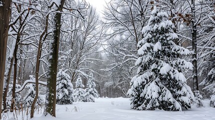 Naklejka premium Snow Covered Winter Forest Landscape With White Snow And Trees In Daylight