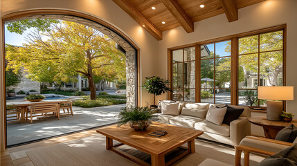 Fototapeta premium Elegant Living Room Oasis: A sun-drenched living room with a seamless connection to an inviting outdoor space, offering a serene view of lush trees and a tranquil pool.