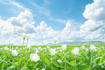 Fototapeta premium Expansive field of delicate white flowers gently swaying in the breeze under a clear blue sky at dusk