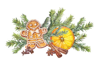 Watercolor gingerbread man and orange slice and cinnamon and Christmas tree isolated on white background. Fir branch. Hand-drawn clipart with food for New Year celebration menu. Wallpaper or sticker