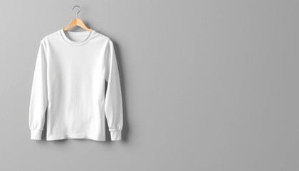 Elegant white long-sleeve shirt mock-up hanging against a muted gray background