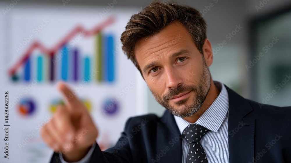Poster businessman presenting data insights with graphs in background