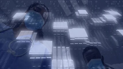 Physician wearing mask interacting with smartphone data, amid floating binary code and grid panels - Powered by Adobe