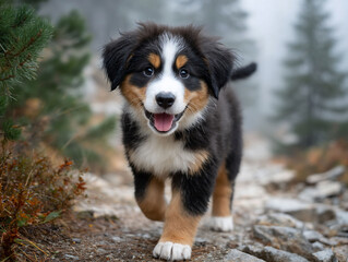 Fototapeta premium Playful puppy strolls on mountain path