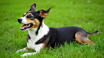 Collie dog lies on vibrant green grass, looking alert and content. Perfect for themes of pets, outdoor activities, and animal companionship.