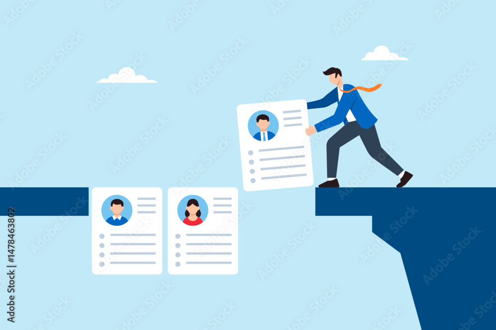 Poster flat illustration of human resource manager building bridge using candidate resumes to connect recru