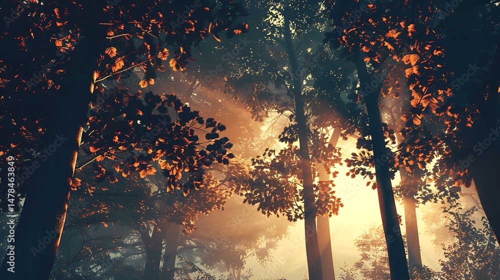 Poster sunlight piercing through pixelated trees creating an orange hued forest scene