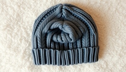 Stylish blue knitted cap rests on a soft, textured white surface for cold weather fashion
