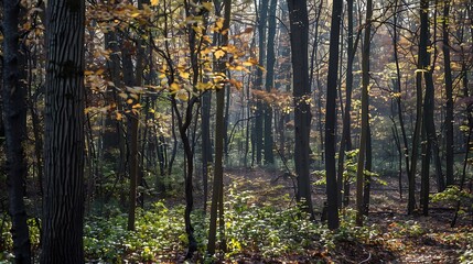 Sunlit Forest Scene Showing Trees And Green Undergrowth In Autumn Season Sunlight And Shadows