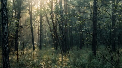 Fototapeta premium Sunlit Forest Scene Showing Trees Sunlight And Green Foliage In A Peaceful Setting