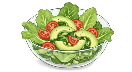 A vibrant salad bowl filled with fresh greens, cherry tomatoes, and avocado slices. A healthy and colorful meal.