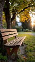 Rustic bench under autumn trees catches sunset