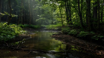 Fototapeta premium Sunlit Forest Stream Scene with Water Reflections and Green Foliage in a Tranquil Environment
