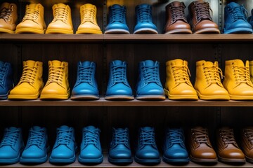 Colorful boots and shoes neatly arranged on wooden shelves