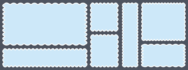 Blue postage stamps set. Post stamp frames and borders. Ellipse, rectangle, square template for mail, postcard, letter, note. Jagged wavy edge forms. Vector zigzag objects for badge, sticker