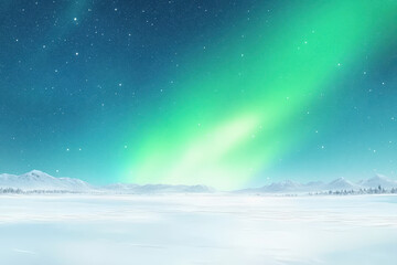 Fototapeta premium Stunning snowy landscape with green aurora borealis dancing across the sky creating a magical winter scene