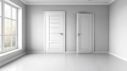 Fototapeta premium Empty room with two white doors and a large window.