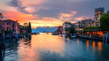 Fototapeta premium Sunset Over City Canal Revealing Buildings And Colorful Sky With Orange Red And Purple Hues