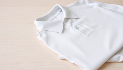 Crisp white polo shirt elegantly folded on a textured, pale wooden surface creating minimalist fashion photography