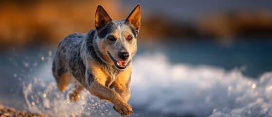Spirited dog leaps through crashing wave