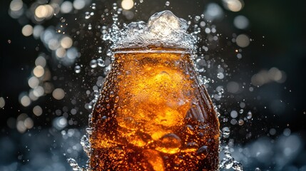 Sparkling soda bottle with ice, exploding with splash