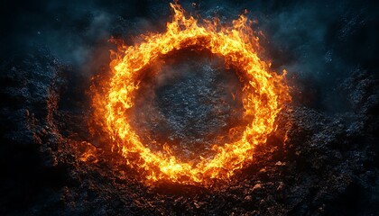 Fiery ring on dark rocky ground